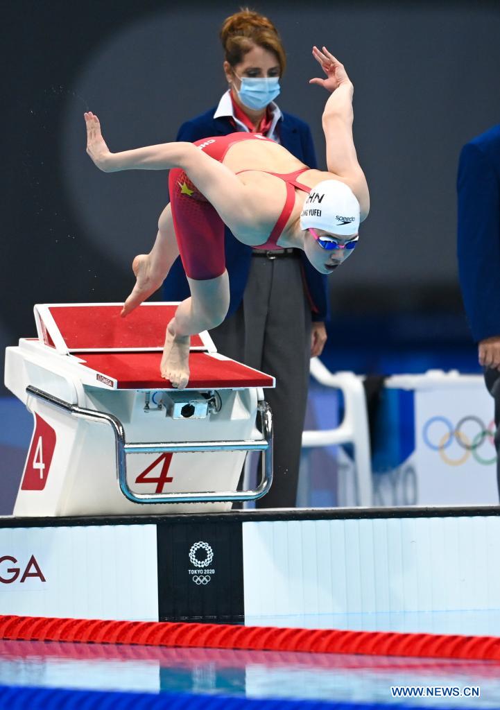 Zhang Yufei of China competes during the women's 100m butterfly final at the Tokyo 2020 Olympic Games in Tokyo, Japan, on July 26, 2021. Zhang claimed the silver medal in 55.64 seconds, only 0.05 seconds after gold medalist Margaret Macneil of Canada, in the women's 100m butterfly final Monday. (Xinhua/Xia Yifang)