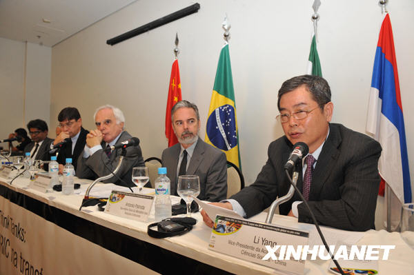 4月14日，中国社科院副院长李扬（右一）在巴西首都巴西利亚举行的金砖四国智库峰会现场发言。