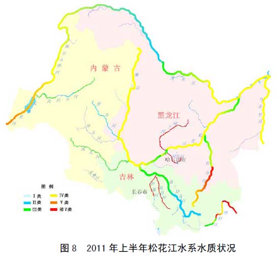 图8 2011 年上半年松花江水系水质状况 