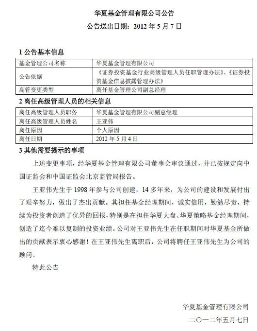 華夏基金正式發布王亞偉離職公告