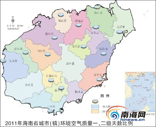 2011年海南省城市(镇)环境空气质量一、二级天数比例