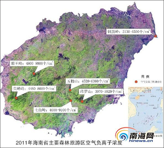 2011年海南省主要森林旅游区空气负离子浓度