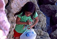 这个小女孩冒着生命危险，在波涛汹涌的海岸边捡塑料瓶子，在这个世界上想要生存，对她来说，要付出太多。