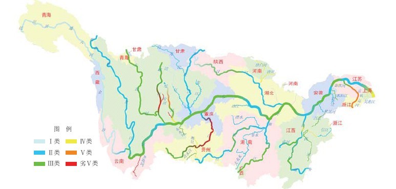2011年长江水系水质分布示意图