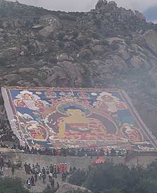 2012年8月17号是拉萨盛大的节日 — 雪顿节，是具有悠久历史的拉萨独特的节日。这是我第一次去哲蚌寺观看展佛，我发现不管有多辛苦，多喘，大家都非常卖力的往上爬。当这副唐卡出现时，周围的人都发出赞叹的声音，朋友向我描述了唐卡的样子，我也很想记录下这庄严的一刻。