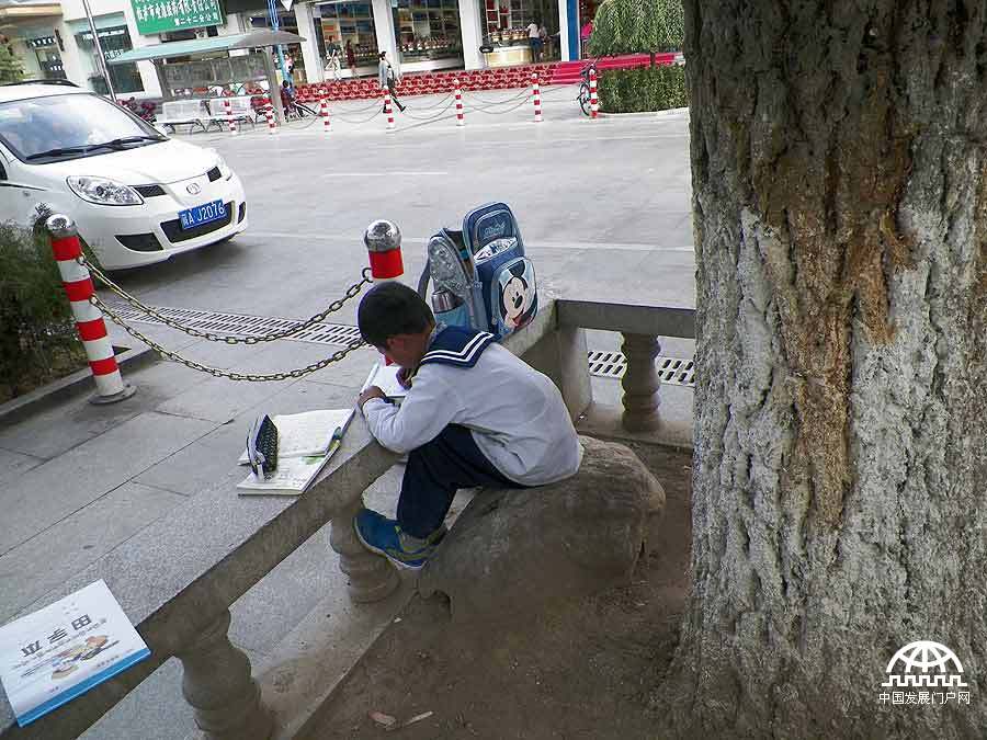 拍摄者：蔡聪 走在日光之城拉萨街头，树荫最受大家欢迎。如果你想问路，树荫下一定会有人乐意给你提供帮助。我在树下休息了许久，起身找寻方向，发现身边有个安静地写着作业的小孩。 得到帮助后，我想，我应该记录下树荫下的这一片宁静与祥和。