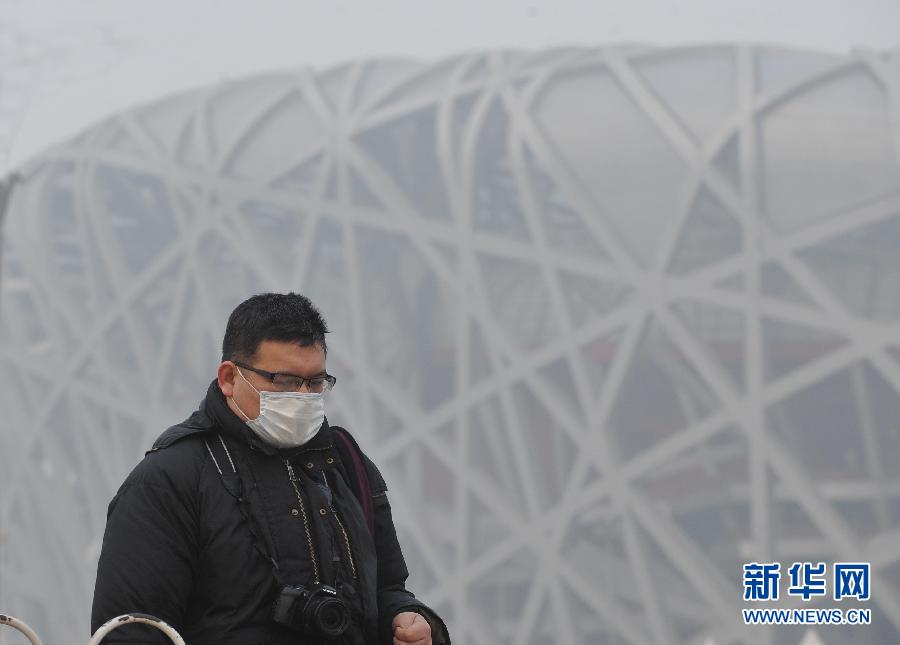 “厚德载‘雾’，自强不‘吸’” 1月13日，一位游客在北京国家体育场“鸟巢”附近参观游览。新华社记者 公磊 摄 