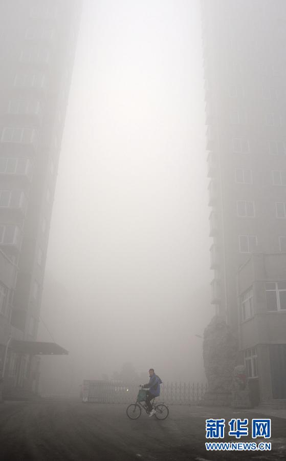 “十面霾伏”1月12日，行人在浓雾笼罩的山东省滨州市街头骑行。新华社发（张滨滨 摄）