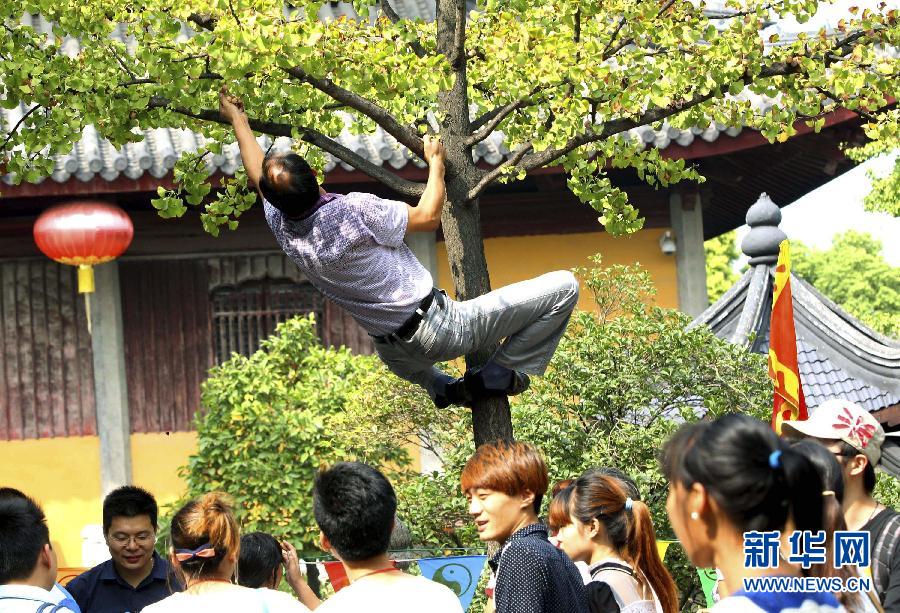 10月1日，一名游客在苏州市玄妙观入口处攀爬上银杏树采摘银杏。当日是国庆长假第一天，一些游人在旅游景点随意攀爬、乱刻乱画、乱丢垃圾，成为旅游的不和谐音符。