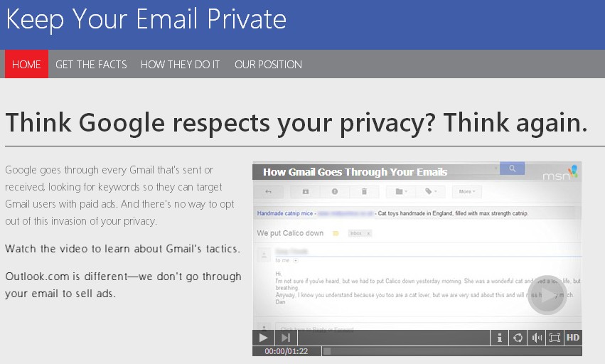 微软建网站提醒Gmail用户：谷歌窥视个人隐私定点投放广告 [keepyouremailprivate.com截图]