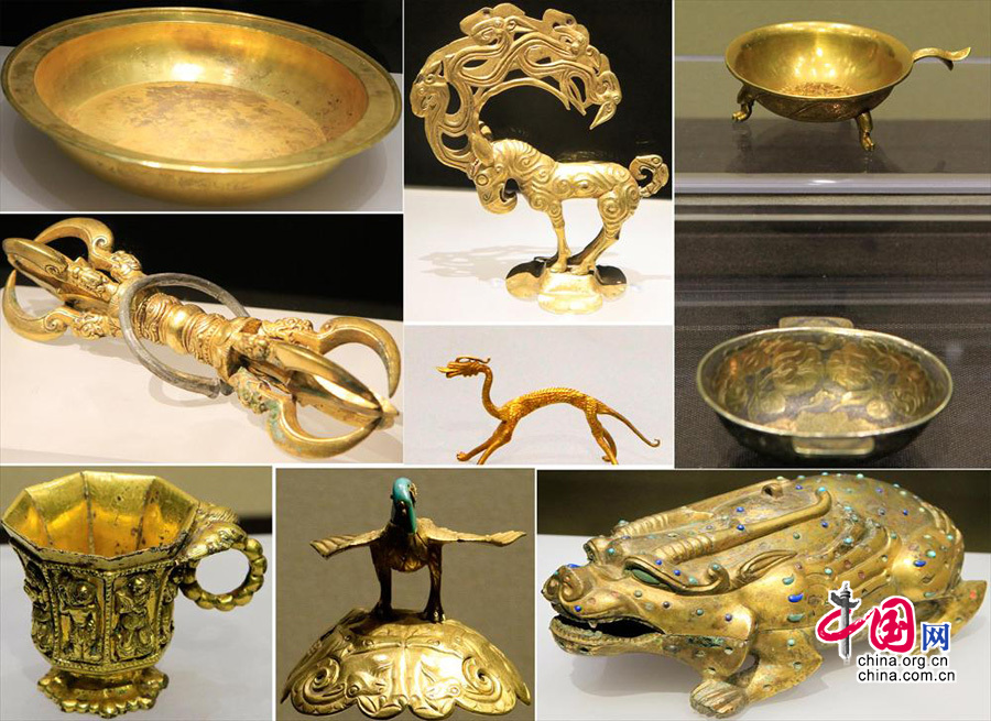2013年11月6日在“金色中国”展上拍摄的各类金器（拼版照片）。