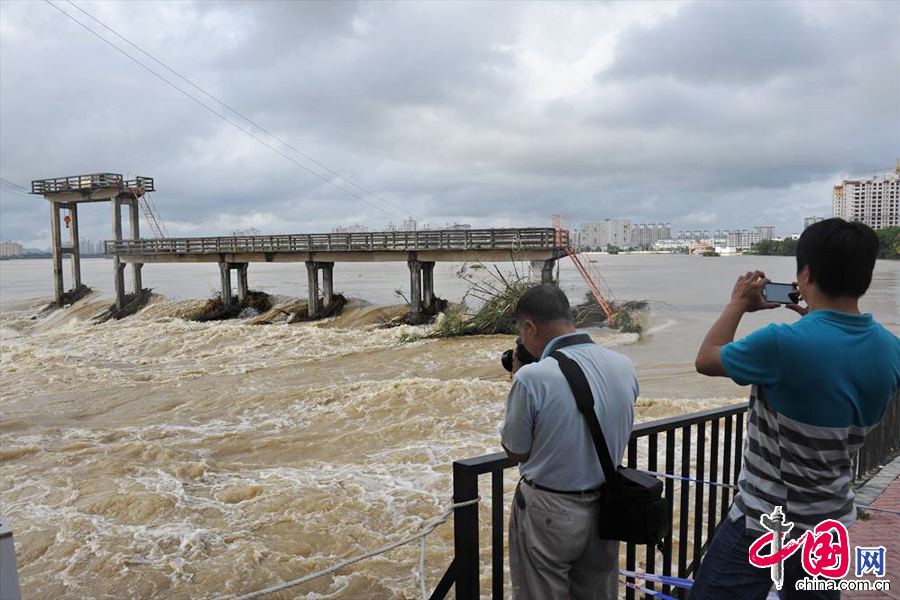 2013年11月11日，海南琼海，游人在拍摄暴涨的河水。 中国网图片库 蒙钟德摄影