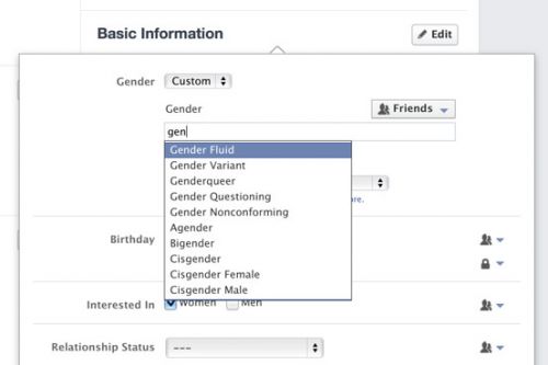 社交网站Facebook已经完成性别选项更新。从今以后，美国Facebook用户除男女以外，还可以选择“本性别”“变性别”“双性别”等其他48种选项。[资料图]