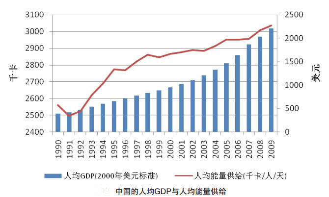 中国的粮食消费量还将进一步增长。根据联合国世界粮食计划署的数据库 ，中国的人均能量消耗从1990年的2562千卡/人/天增长到2009年的3036千卡/人/天。