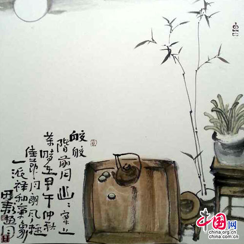 田耘茶画《咏月图》系列：皎皎阶前月，幽幽案上茶