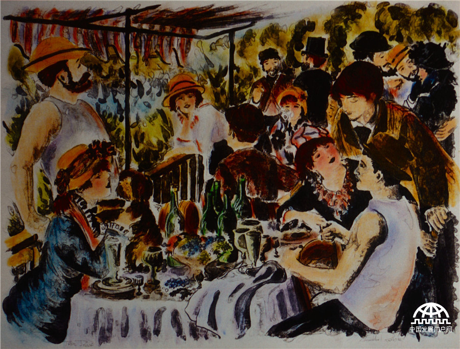 亚历山大·雷诺阿 游艇上的午餐 130x175.5 版画 家族签名