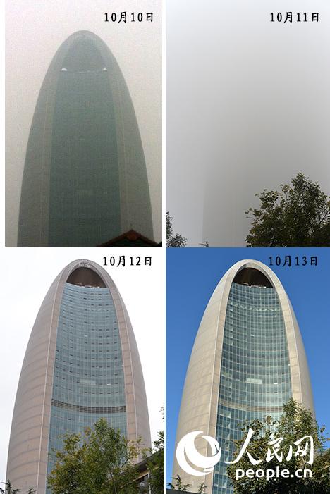 从重雾霾到再见蓝天，北京四天全纪录。图为4天早上分别拍摄的人民日报社新大楼。（人民网记者翁奇羽 摄）
