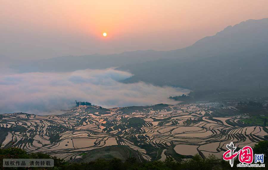 红河哈尼梯田文化景观位于中国云南省红河哈尼族彝族自治州元阳县，是哈尼族人世世代代留下的杰作。梯田随山势地形变化，因地制宜。