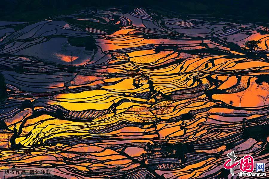 红河哈尼梯田文化景观位于中国云南省红河哈尼族彝族自治州元阳县，是哈尼族人世世代代留下的杰作。梯田随山势地形变化，因地制宜。