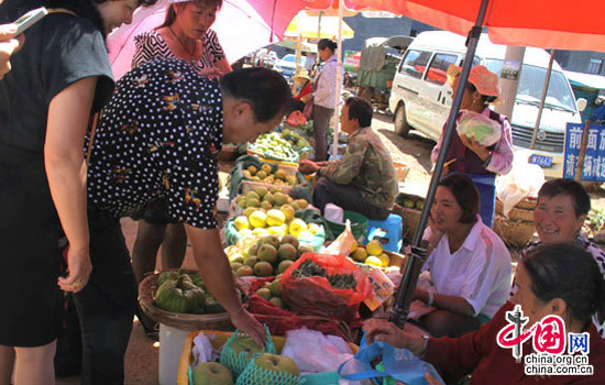 昆明呈贡第二届“万溪冲宝珠梨采摘节”期间，市民购买宝珠梨。