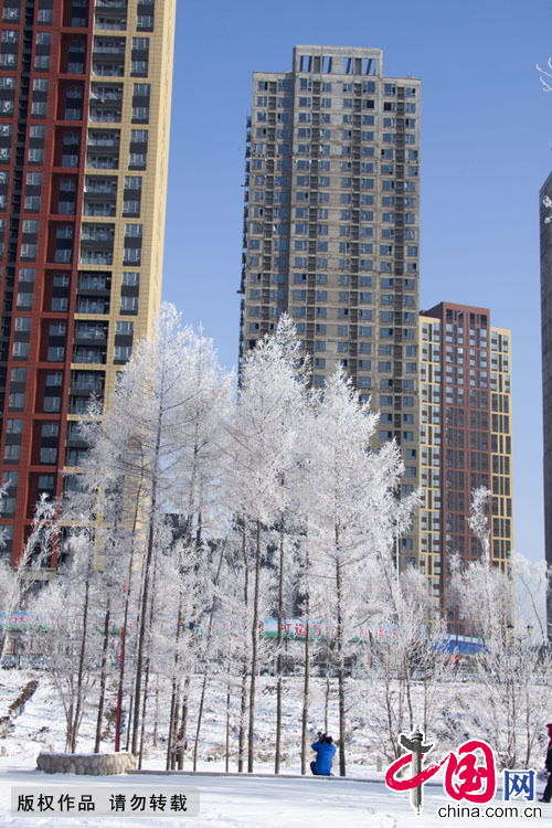 2015年3月11日，吉林省吉林市松花江畔再次出现婀娜多姿的雾凇景观，一名摄影爱好者在拍照留念。