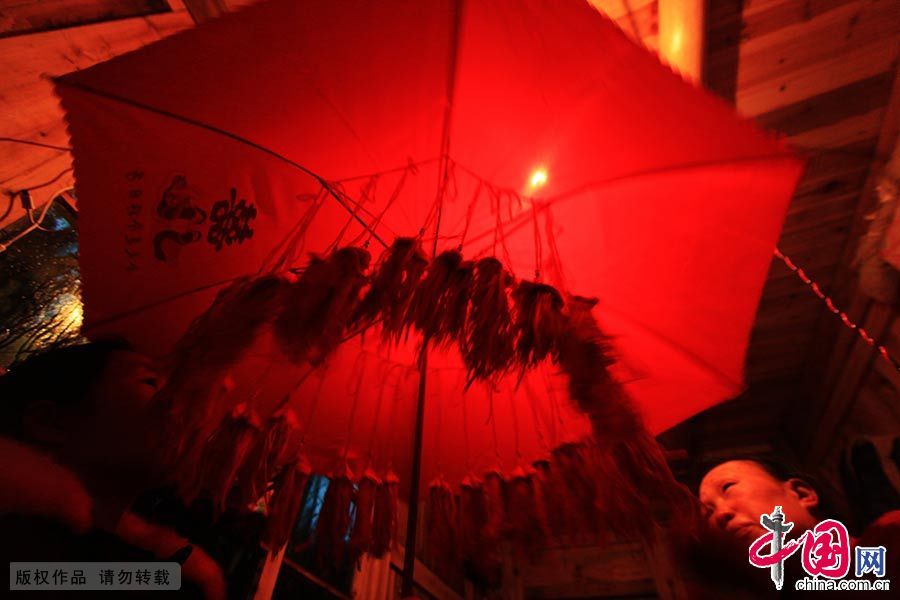  进了女方堂屋，媒人公将随手携来的一把红伞放在神龛上，新娘悄悄把伞取回闺房。家人将早已准备好的12个小绣球依次吊在伞骨上，再把伞收拢放回神龛，以托媒人公向她的心上人捎去一片会心的满足。中国网图片库 曾勇/摄 