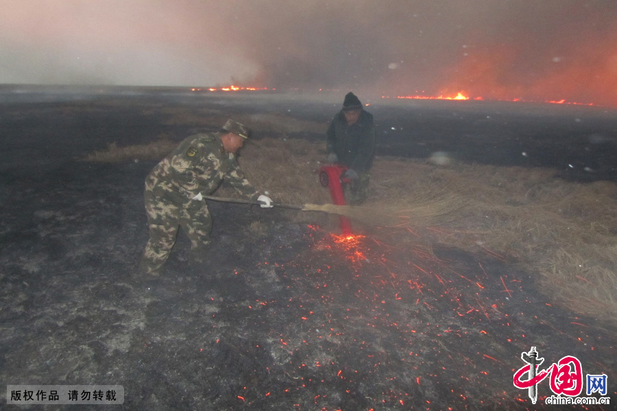 2015年3月29日，呼伦贝尔市陈巴尔虎旗，内蒙古边防官兵与政府工作人员正在扑灭草原火灾。中国网图片库