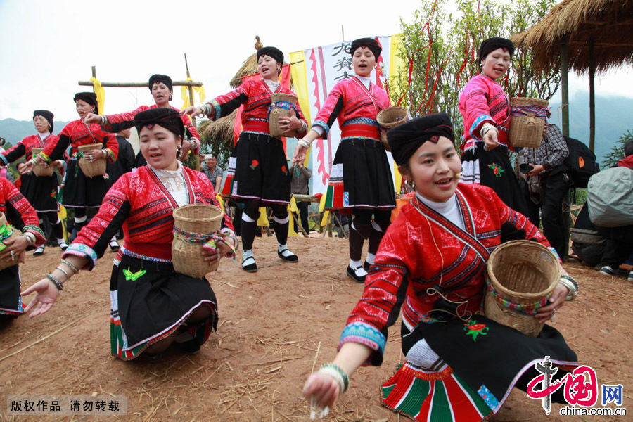 广西桂林市龙胜各族自治县中禄村下埠寨，红瑶姑娘在古茶树祭祀大典上表演采茶舞。中国网图片库 王滋创摄