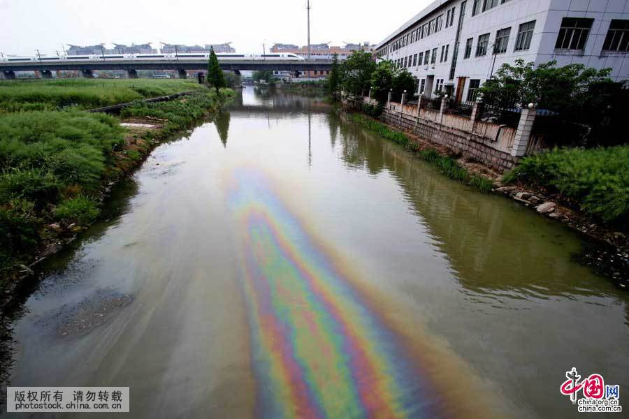 浙江绍兴:市区高铁下河道 油污漂荡似彩虹_中