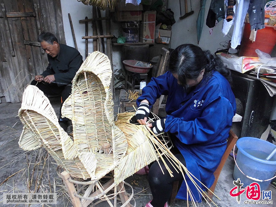  湖口草龙，以稻草为主要材料，辅之以竹木做支架，整条龙节段为单数，一般为9－21节，其编织工艺复杂精致，采用了编、织、插、嵌、镶、绕、缠、悬、挂、空、别、剔、镂、透等十多种工艺技巧。图为喻芳泽女儿喻远莉在精心编织草龙龙头。中国网图片库 洪永林/摄