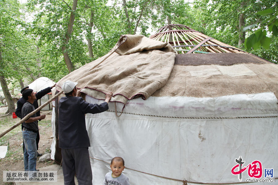 然后四人用力把白毡扔到毡房中间，再用棍子和绳子铺平摆好。中国网图片库 孙继虎/摄