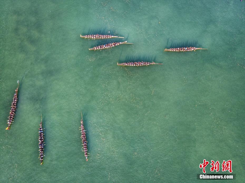 航拍江西乐平 最美龙舟赛道 碧水绿岛夕阳相映