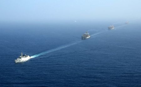 A ship of China Ocean Shipping Group Company (COSCO) sails in the Gulf of Aden under the escort of a Chinese naval fleet (not seen in the picture) on January 6, 2009. The Chinese naval fleet arrived on Tuesday in the waters of the Gulf of Aden off Somalia to carry out the first escort mission against pirates. Four Chinese ships, including one from China's Hong Kong Special Administrative Region, were escorted by the fleet.