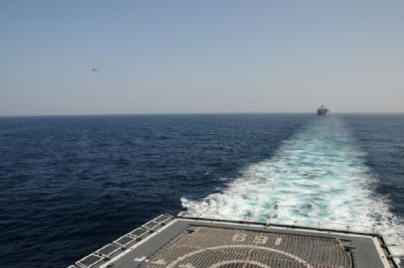 Missile destroyer 'Wuhan' (Front) of a Chinese naval fleet leads Chinese ships sailing in the Gulf of Aden, on January 6, 2009. The Chinese naval fleet arrived Tuesday in the waters of the Gulf of Aden off Somalia to carry out the first escort mission against pirates. Four Chinese ships, including one from China's Hong Kong Special Administrative Region, were escorted by the fleet.