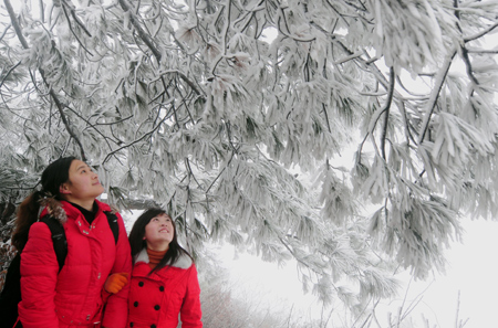 Tourists view the rime scenery at Meiling Mountain Senic Area in Nanchang, capital of east China's Jiangxi Province, on January 7, 2009. The temperature of southern China remained vert low recently, which caused the rare rime scenery in Nanchang. 