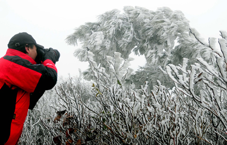 A photographer takes photo of the rime scenery at a scenic spot on Meiling Mountain in Nanchang, capital of east China's Jiangxi Province, on January 7, 2009. The temperature of southern China remained vert low recently, which caused the rare rime scenery in Nanchang. 