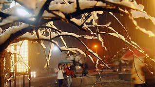 Students walk at the snow-capped campus of China Three Gorges University in Yichang, central China's Hubei Province, on January 5, 2009. The Meteorological Observatory of Yichang issued blue alert of heavy snow Monday.