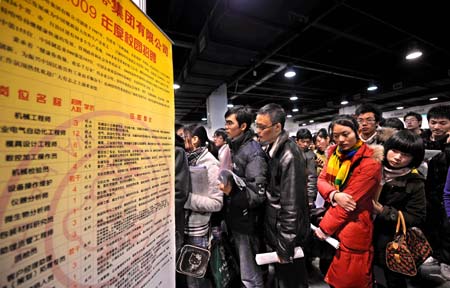 College graduates attend a job fair in Hangzhou, capital of east China's Zhejiang Province on January 13, 2009. Some 700 companies provided 12,000 positions during the job fair on Tuesday.