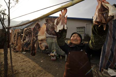 Villager Wang Subi airs the preserved ham for the upcoming Spring Festival in Leigu Town of Beichuan County, southwest China's Sichuan Province, on January 12, 2009. People in Beichuan had engaged in reconstructing their hometown with 47,814 farmers' houses completed or being built, which account for 76 percent of the total.