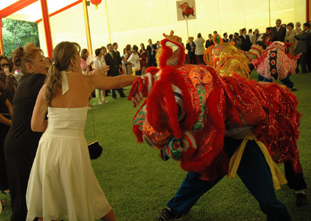 Overseas Chinese perform traditional lion dance during a Spring Festival reception at Chinese Embassy in Lima, Peru, on January 13, 2009. Chinese Ambassador to Peru Gao Zhengyue held a reception to celebrate the upcoming Chinese lunar New Year, with the attendance of more than 400 people including Peruvian Interior Minister Remigio Hernani and other govenmental officials, representatives of friendly groups and Chinese enterprises. 