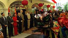 Overseas Chinese perform traditional lion dance during a Spring Festival reception at Chinese Embassy in Lima, Peru, on January 13, 2009.