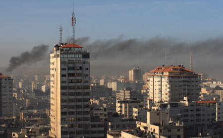 Smoke is seen during an Israeli military operation in Gaza City, on January 15, 2009.