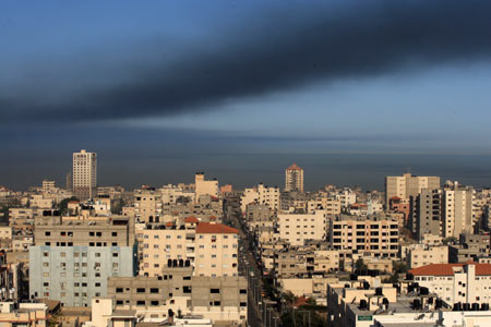 Smoke is seen during an Israeli military operation in Gaza City, on January 15, 2009.