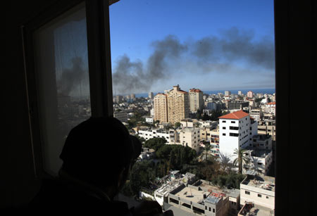 Smoke is seen during an Israeli military operation in Gaza City, on January 15, 2009.