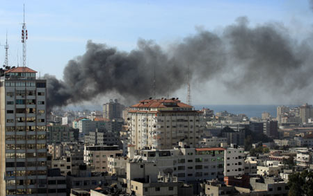 Smoke is seen during an Israeli military operation in Gaza City, on January 15, 2009.