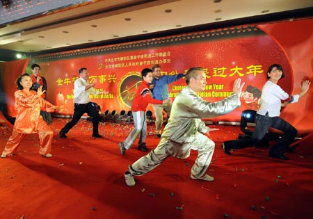 Foreign tourists learn Taiji, also known as shadowboxing, during a celebration for the Chinese lunar New Year in a community in the Chaoyang District of Beijing, capital of China, on January 20, 2009.