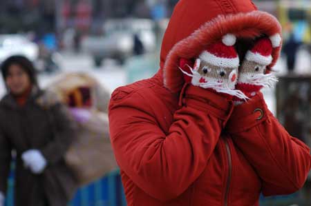 A lady covers her face to resist heavy wind in Chaohu, east China's Anhui Province, on January 23, 2009.