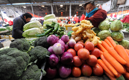 Locals select vegetables for the imminent Spring Festival in Lhasa, capital of southwest China's Tibet Autonomous Region, on January 24, 2009.