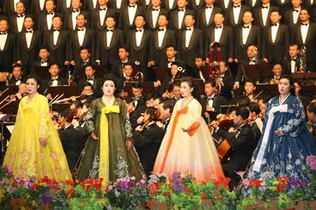 Musicians perform during a concert to celebrate the Lunar New Year in Pyongyang, capital of the Democratic People's Republic of Korea (DPRK), on January 25, 2009.