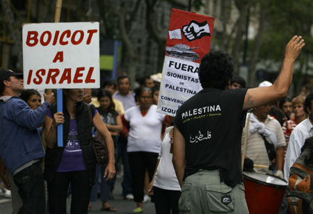 Members of antiwar groups take part in a protest against the Israeli operation in Gaza strip in Buenos Aires, Argentina, on January 30, 2009.